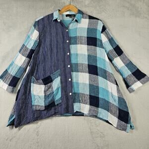 Liv by Habitat Linen Shirt Womens XS Blue Plaid Button Up Lagenlook Cottagecore